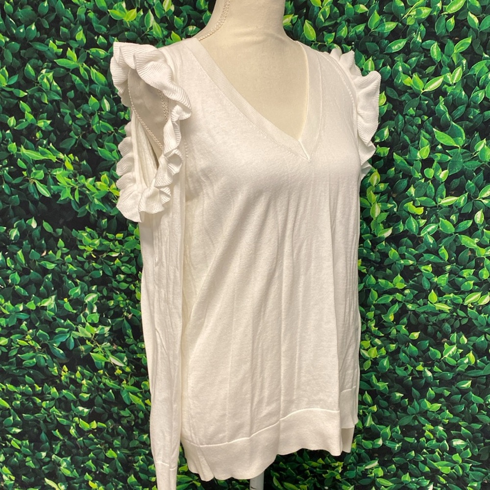 Michael Michael Kors Ruffled Cold Shoulder V-Neck Sweater Size Large